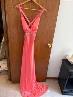 Glitz Coral V-Strap Sequin Waist Prom Gown